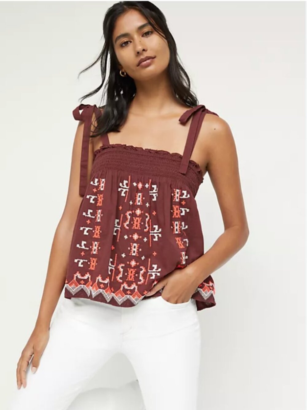 Anthropologie Aliza Embroidered & Smocked Boho Tank Top M